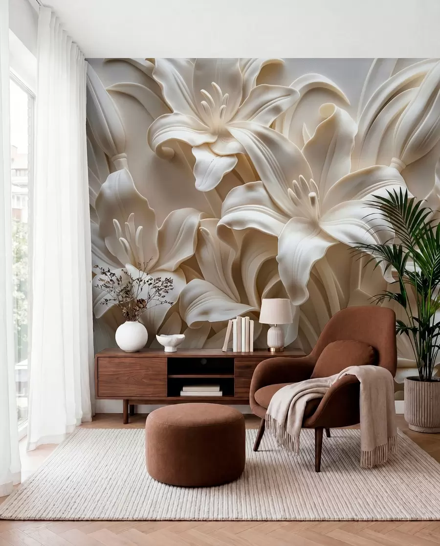 zidne murale Elegantni bež 3D reljef izrezbarenih ljiljana w01433