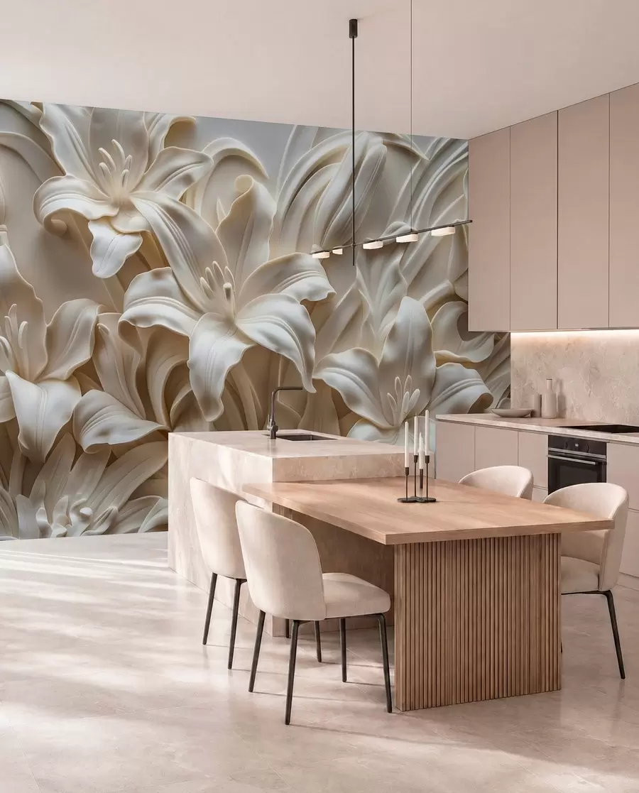 zidne murale Elegantni bež 3D reljef izrezbarenih ljiljana w01433