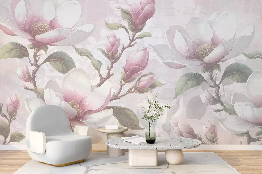 zidne murale Nježni ružičasti cvjetovi magnolije u punom cvatu na mekoj, zamućenoj pozadini w08216
