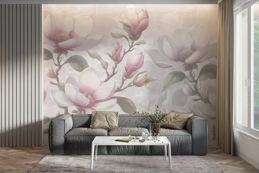 zidne murale Nježni ružičasti cvjetovi magnolije u punom cvatu na mekoj, zamućenoj pozadini w08216