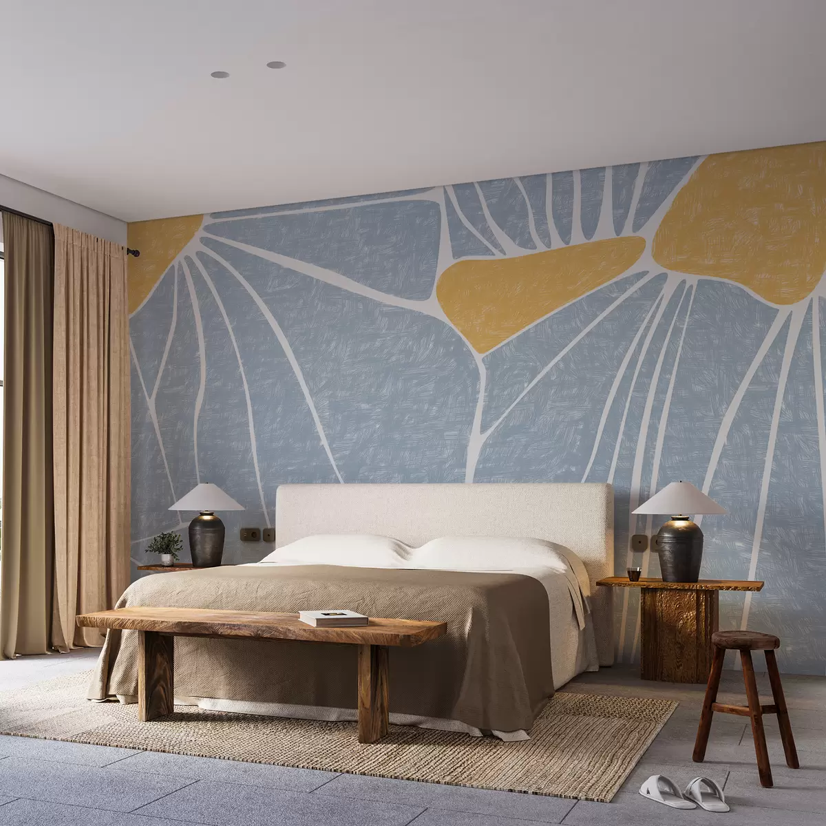 zidne murale Apstraktni cvjetni dizajn, žuta i plava, s teksturom w01007