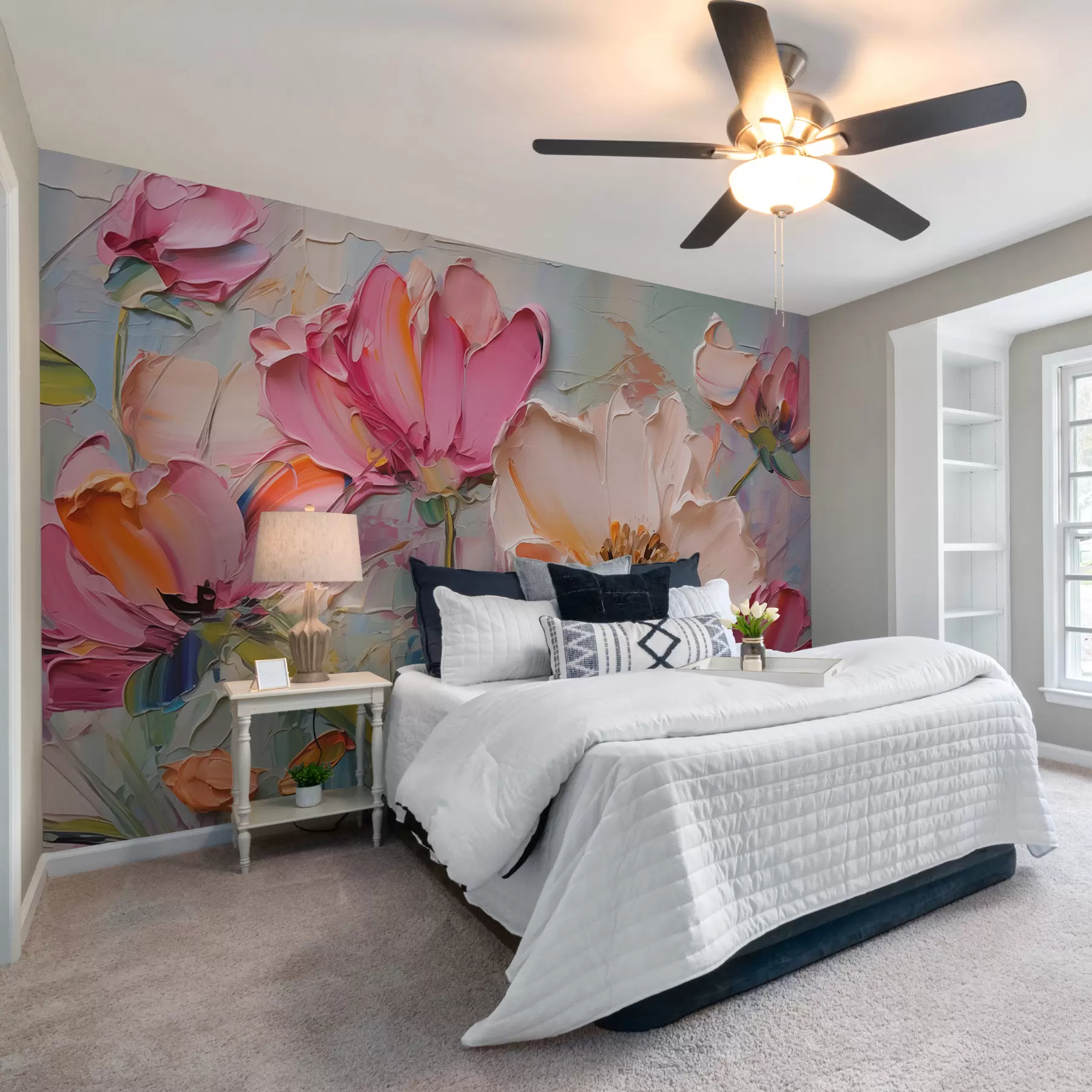 zidne murale Jarko ružičasto cvijeće na svijetlo plavoj sivoj pozadini w01039