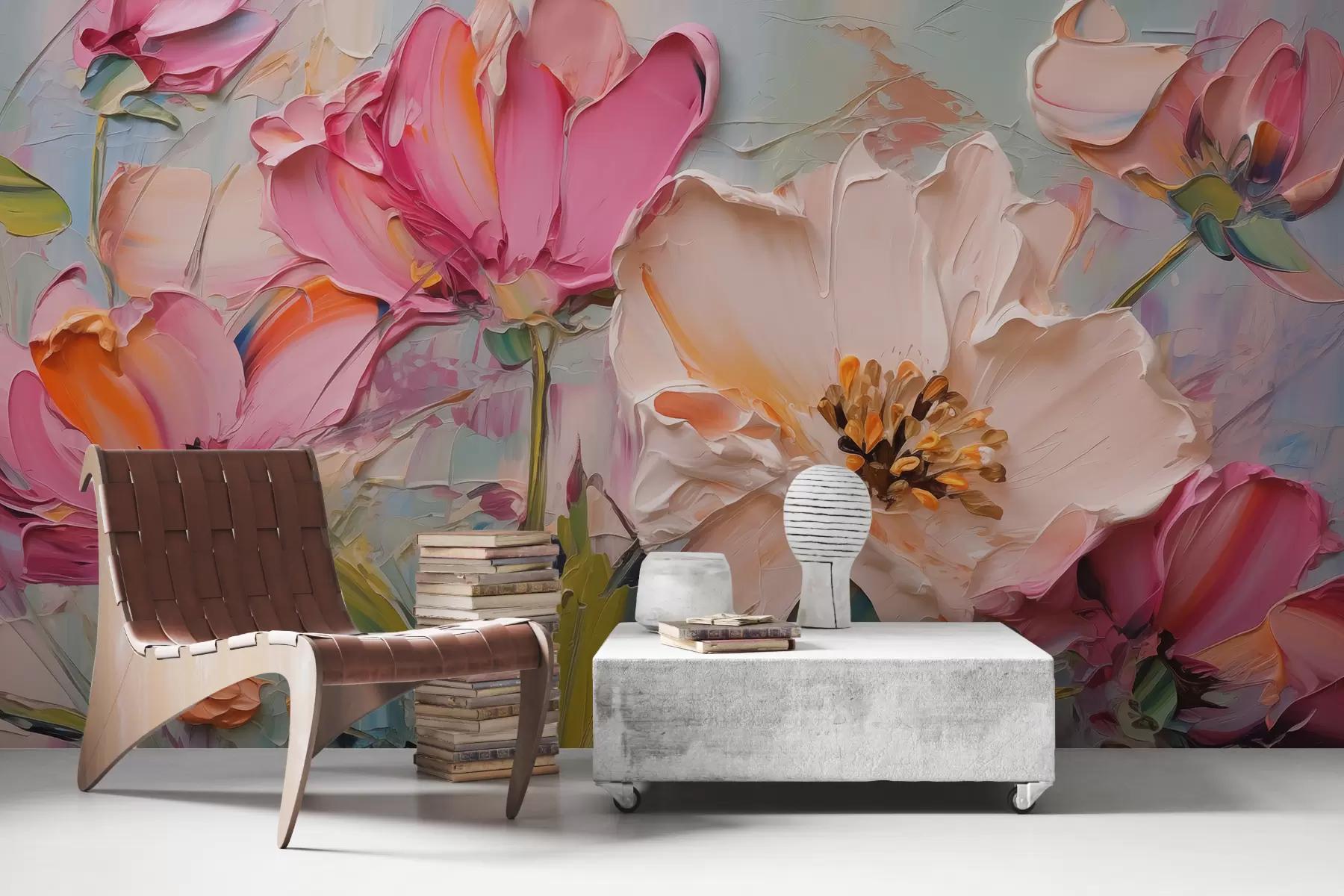 zidne murale Jarko ružičasto cvijeće na svijetlo plavoj sivoj pozadini w01039