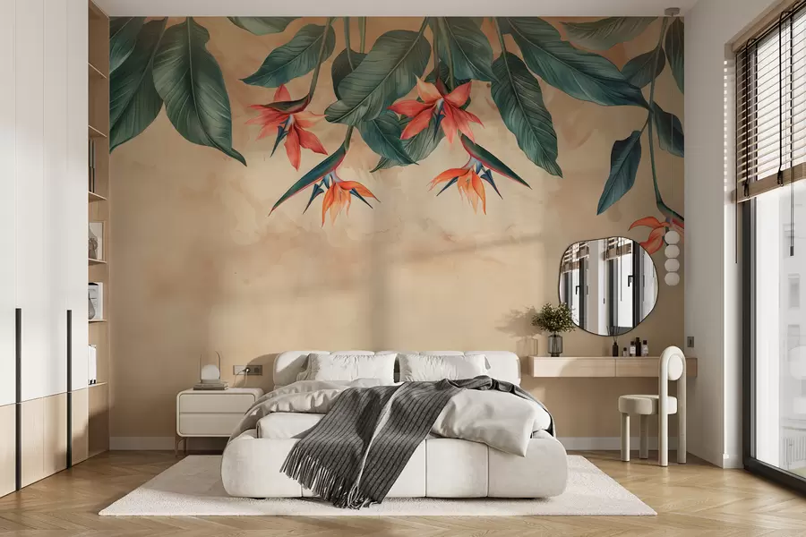 zidne murale Tropsko cvijeće na bež pozadini akvarela w01485