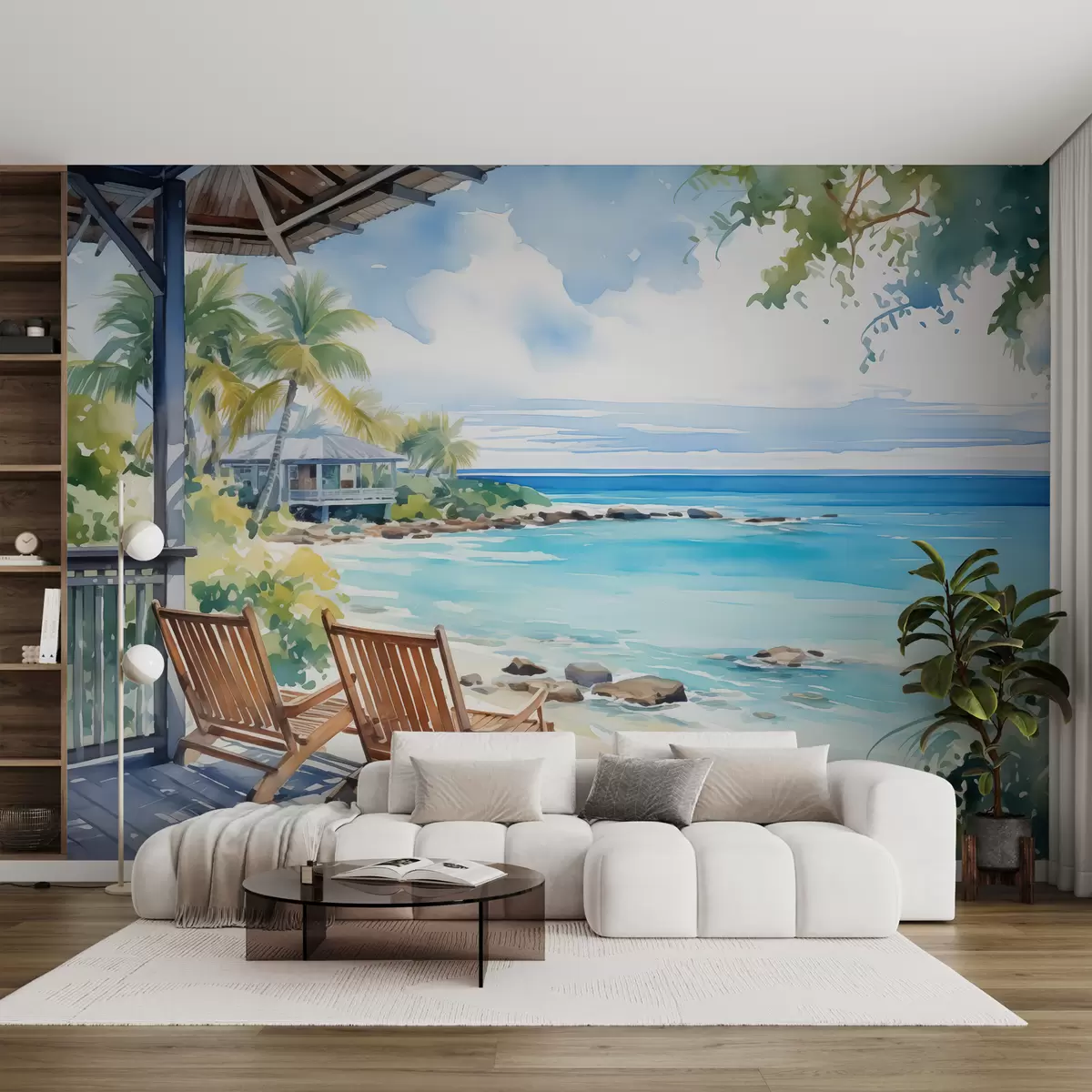 zidne murale Stolice na terasi vile uz more akvarel w01055