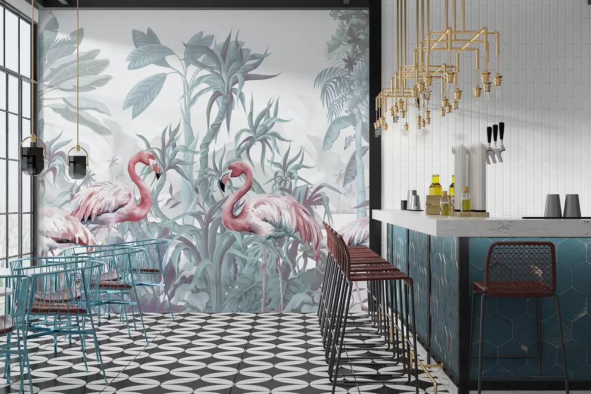 zidne murale  Ružičasti plamenci stoje u bujnom, tropskom lišću s velikim palminim lišćem i cvjetovima u nijansama zelene i bijele w08250v1