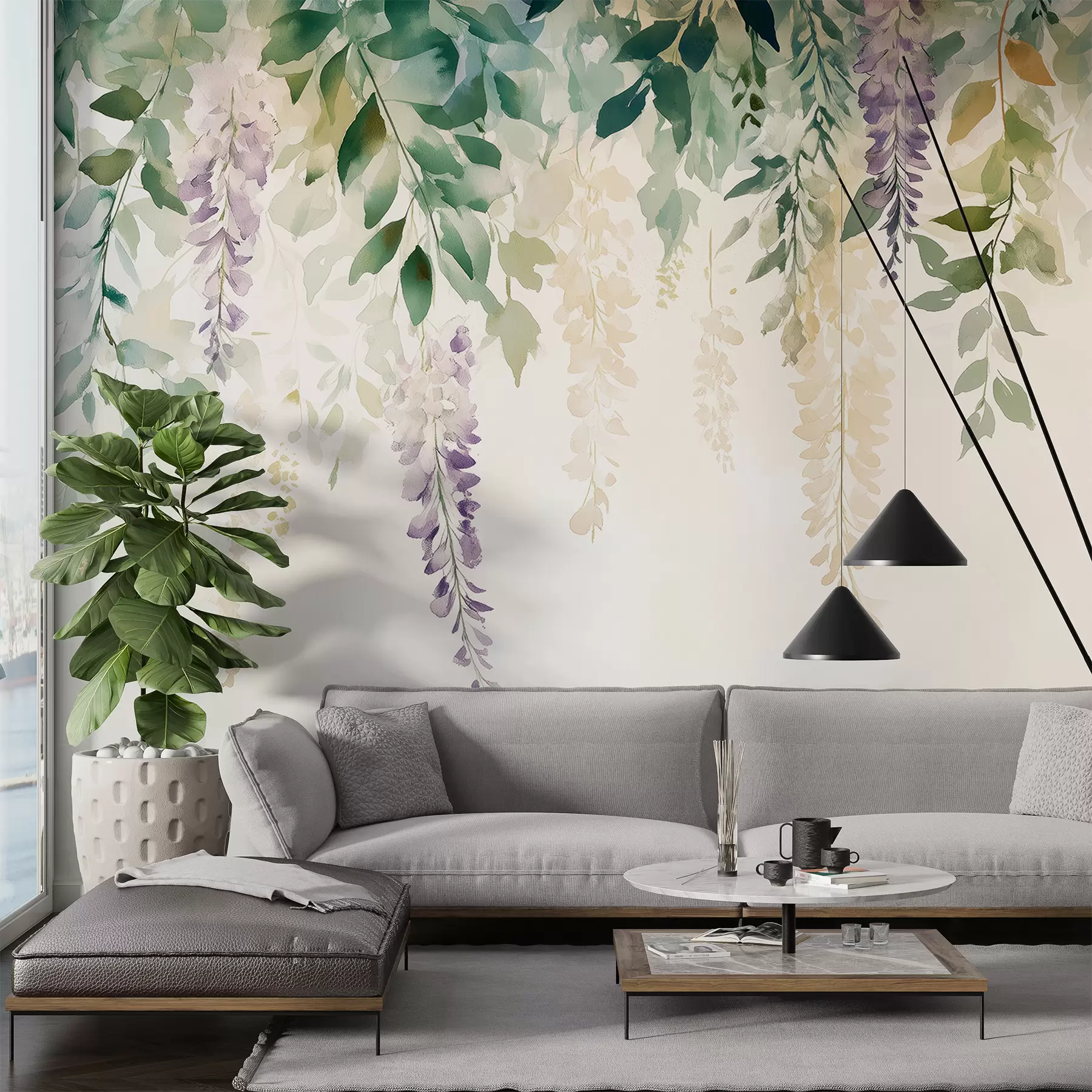 zidne murale Cvjetni ornament glicinije, cvjetni, akvarel, prirodne boje w01545