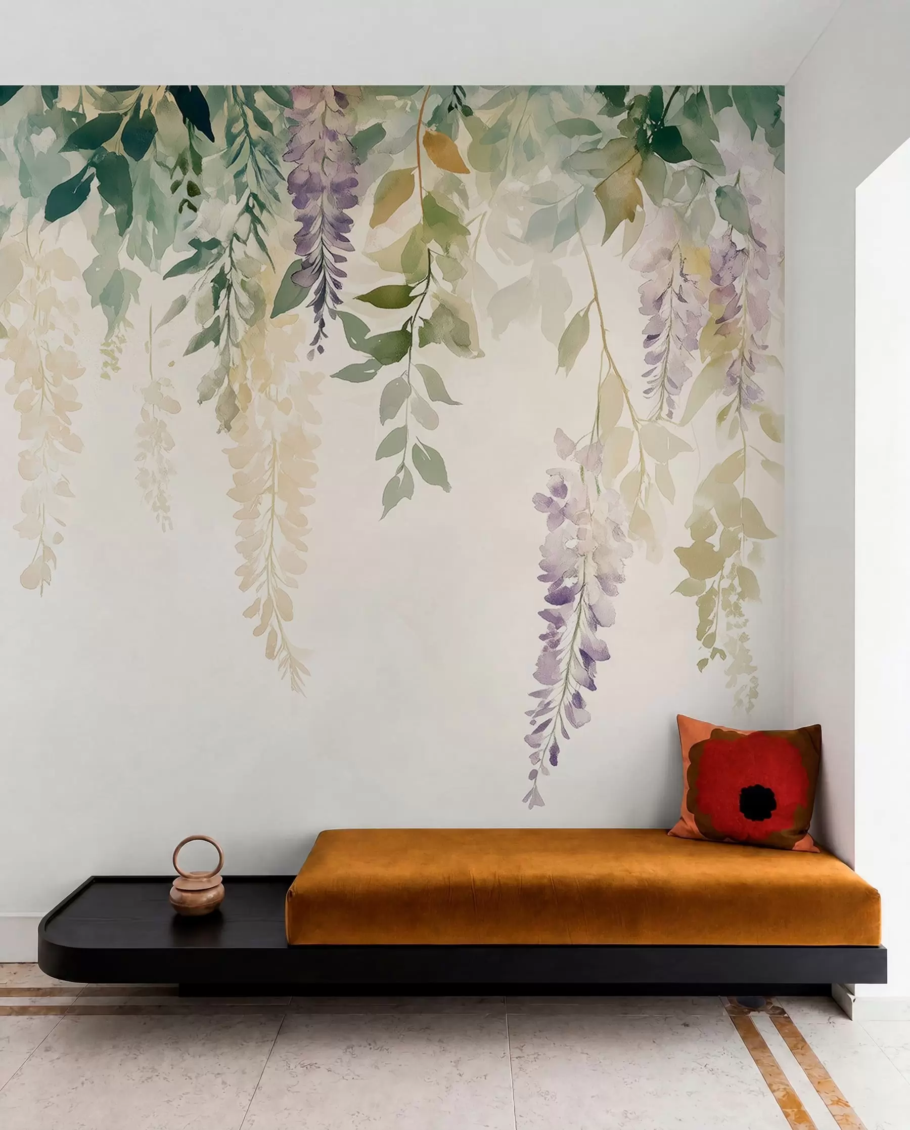 zidne murale Cvjetni ornament glicinije, cvjetni, akvarel, prirodne boje w01545