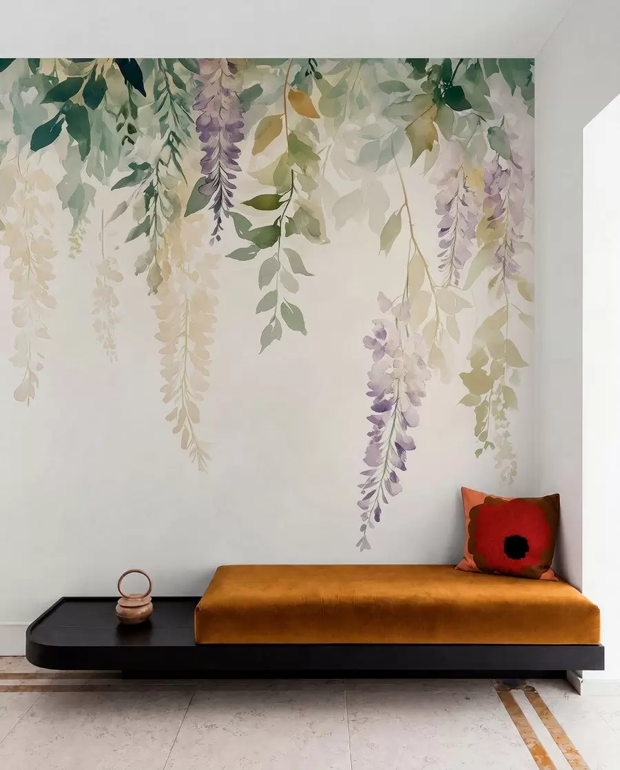 zidne murale Cvjetni ornament glicinije, cvjetni, akvarel, prirodne boje w01545