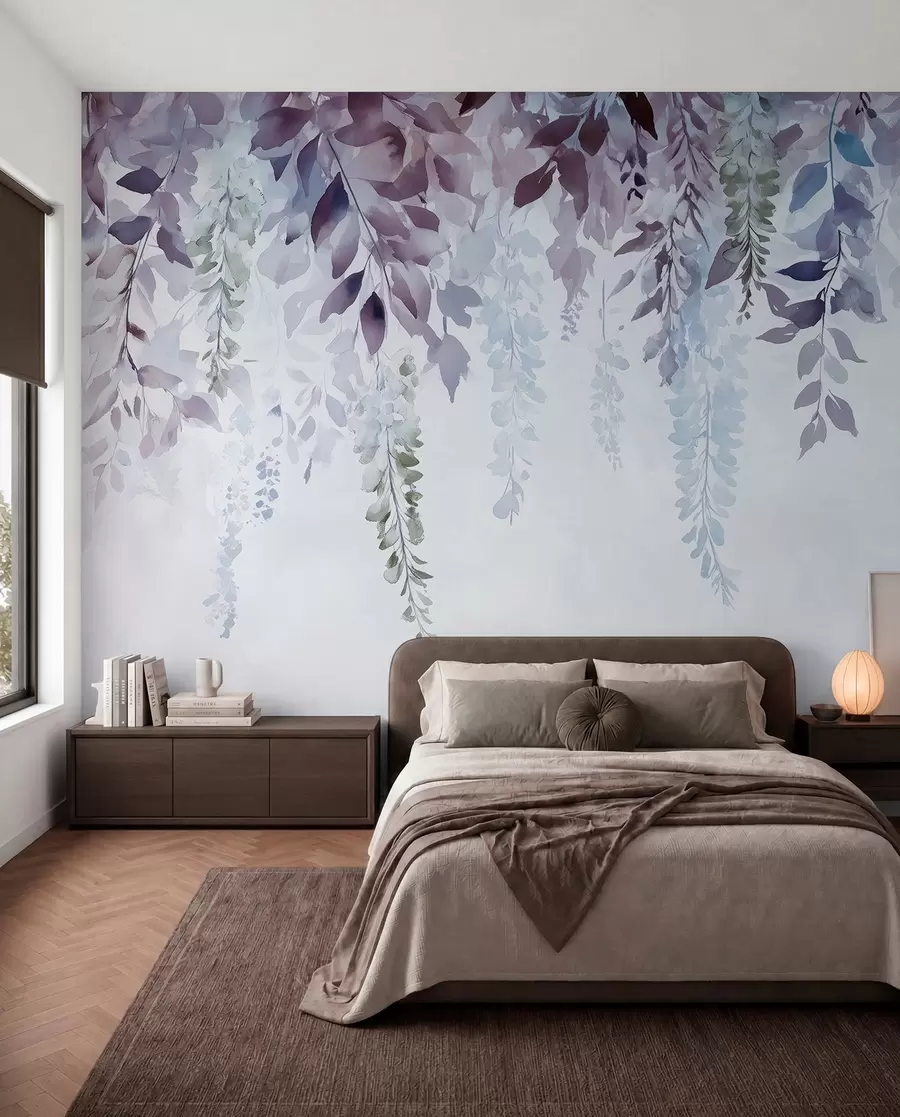 zidne murale Cvjetni ornament glicinije, cvjetni, akvarel, plave i ljubičaste boje w01545v1