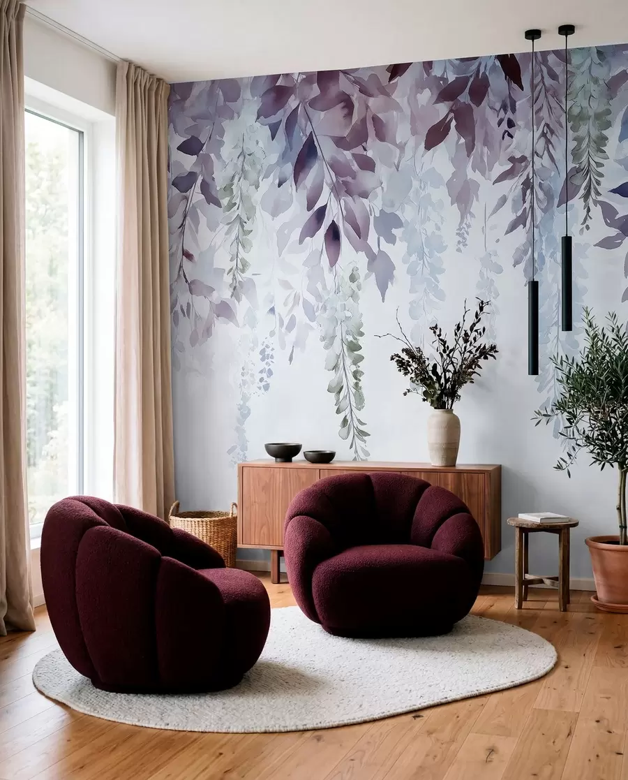 zidne murale Cvjetni ornament glicinije, cvjetni, akvarel, plave i ljubičaste boje w01545v1