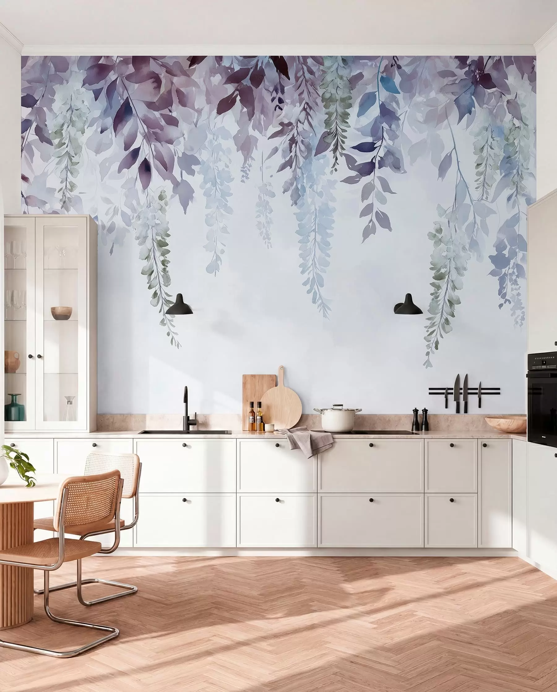zidne murale Cvjetni ornament glicinije, cvjetni, akvarel, plave i ljubičaste boje w01545v1