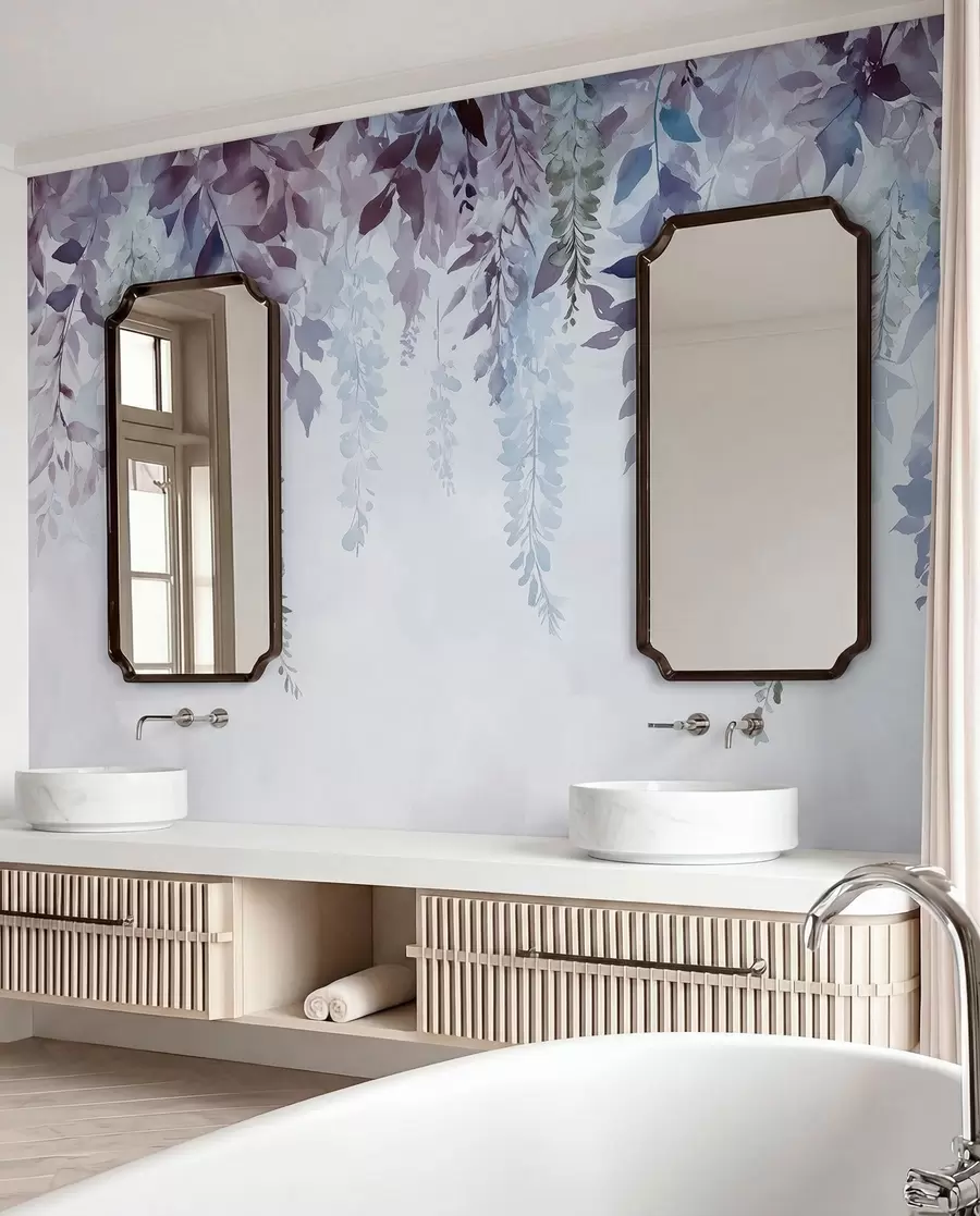 zidne murale Cvjetni ornament glicinije, cvjetni, akvarel, plave i ljubičaste boje w01545v1