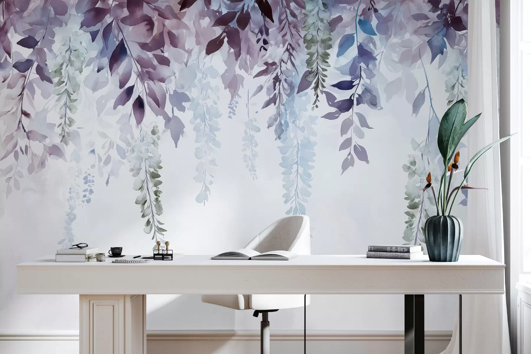 zidne murale Cvjetni ornament glicinije, cvjetni, akvarel, plave i ljubičaste boje w01545v1