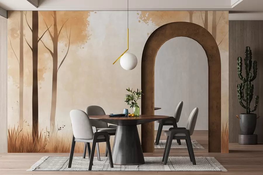 zidne murale Akvarel šuma, magla, drveće, trava, prirodni krajolik, bež boja w01563