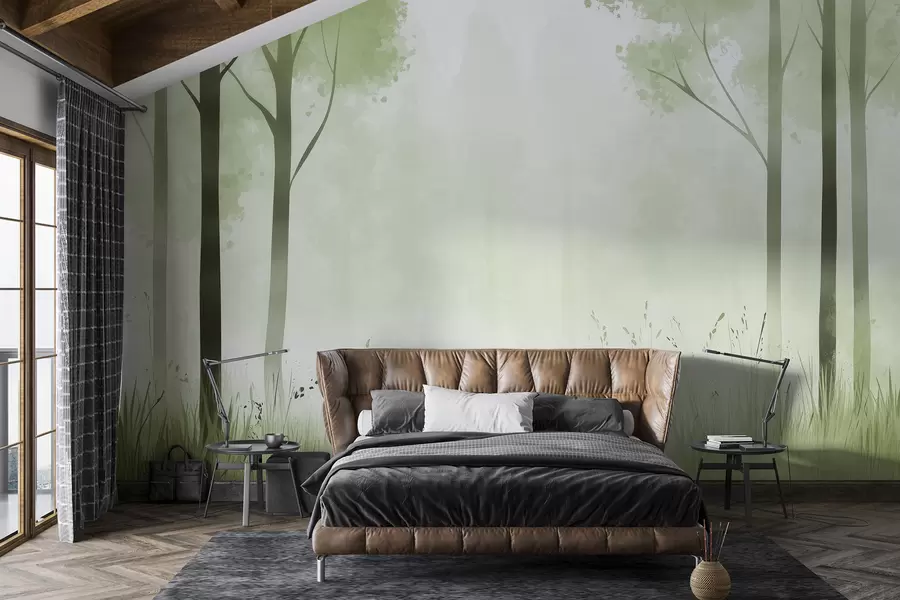 zidne murale Akvarel šuma, magla, drveće, trava, prirodni krajolik, zelena boja w01563v2