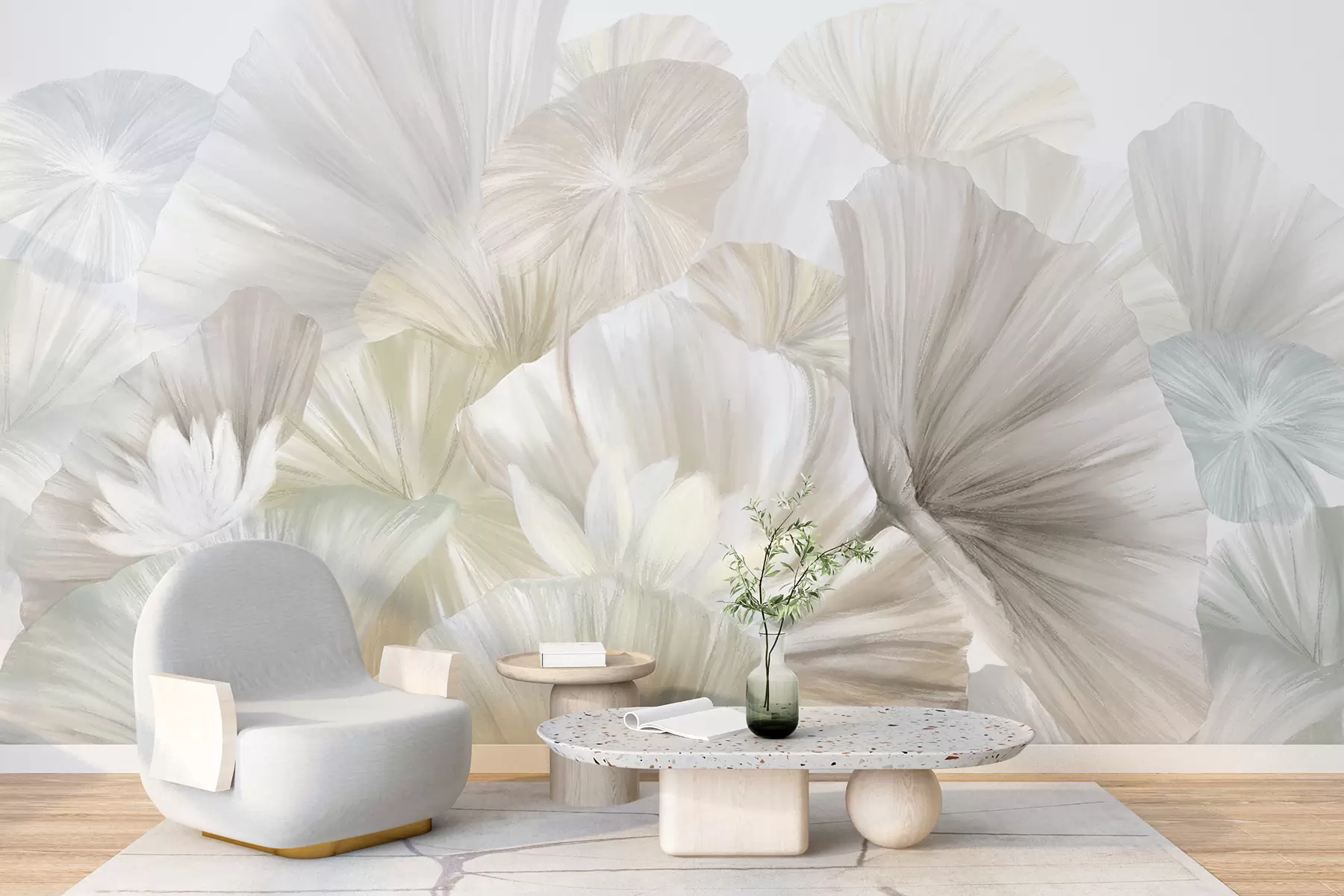zidne murale Nježno zeleno lišće lotosa s bijelim cvjetovima s mekim, pernatim laticama raspoređenim u prirodnu umjetničku kompoziciju w08265
