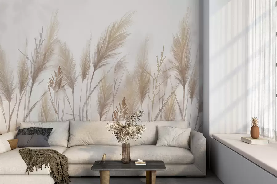 zidne murale Visoki bež vlati trave, klasići koji se njišu na vjetru na mekoj, svijetloj pozadini w08268
