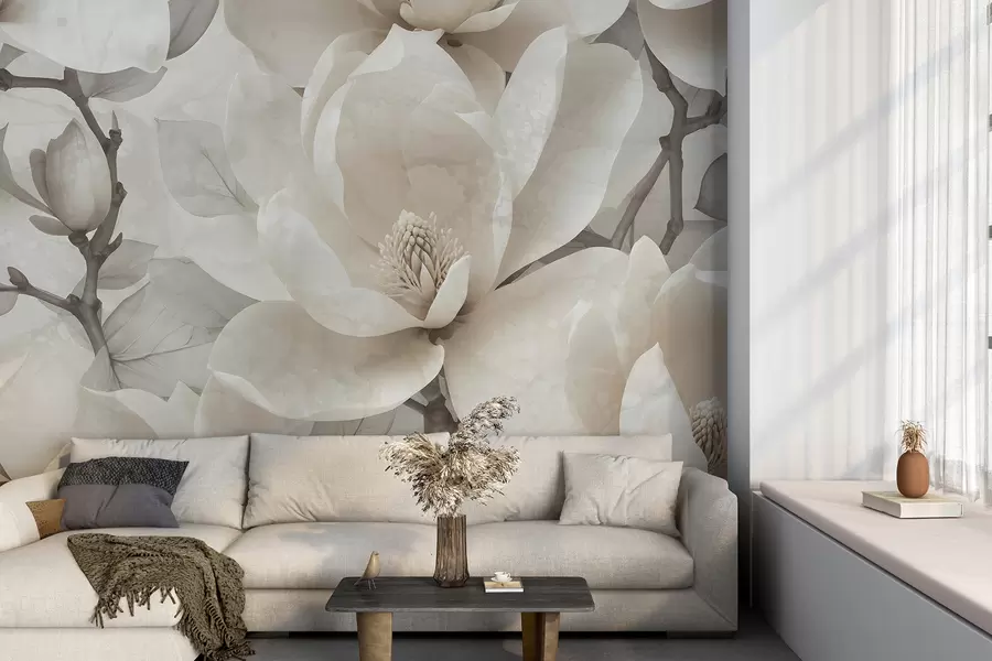 zidne murale Bijeli cvjetovi magnolije u punom cvatu, s mekim, delikatnim laticama i teksturalnom prirodnom pozadinom w08278