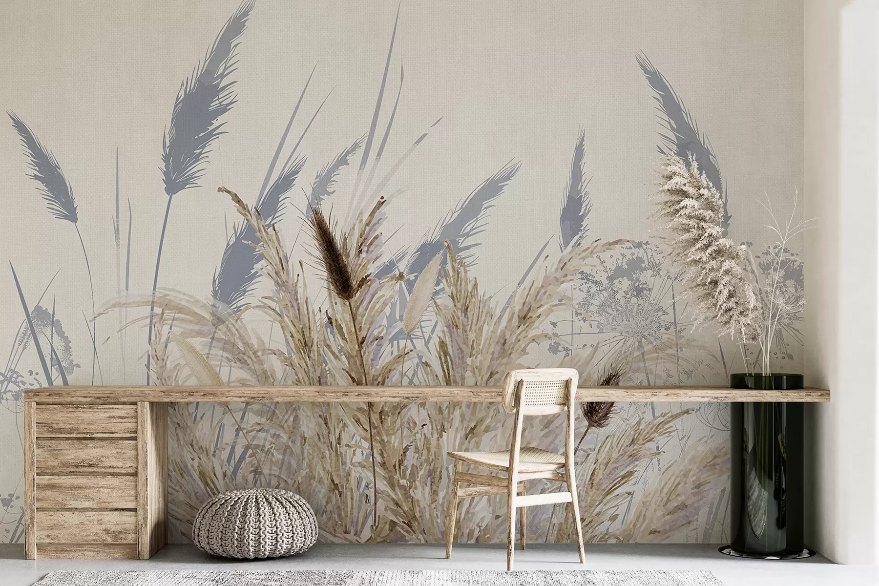 zidne murale Visoke stabljike pšenice i trave s pahuljastim bijelim perjanicama na svijetloj pozadini w08282