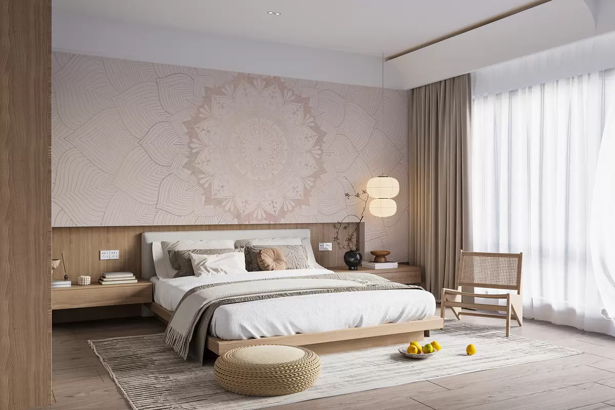 zidne murale Okrugla mandala, tapeta za prostor za jogu ili za usklađivanje osobnog prostora. Zidna mandala u toplim pastelnim bojama na teksturiranoj nepravilnoj pozadini w01088