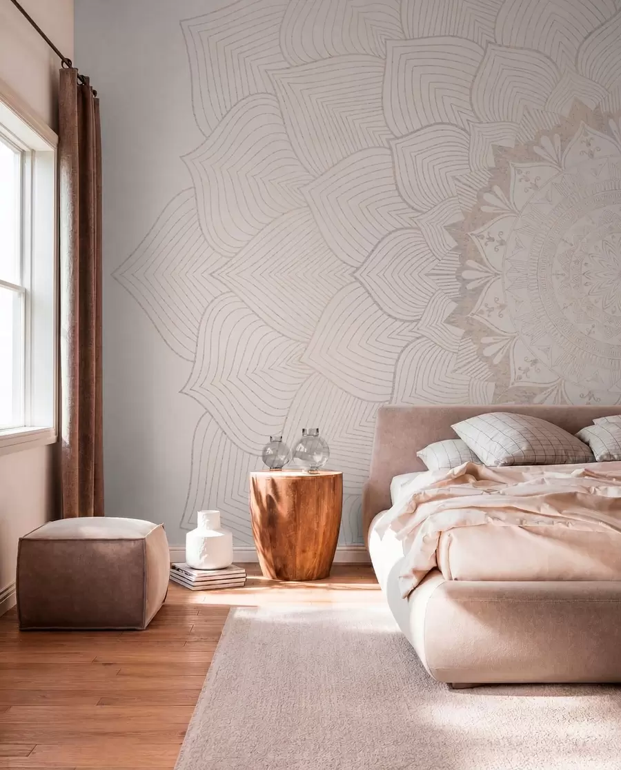 zidne murale Okrugla mandala, tapeta za prostor za jogu ili za usklađivanje osobnog prostora. Zidna mandala u toplim pastelnim bojama na teksturiranoj nepravilnoj pozadini w01088