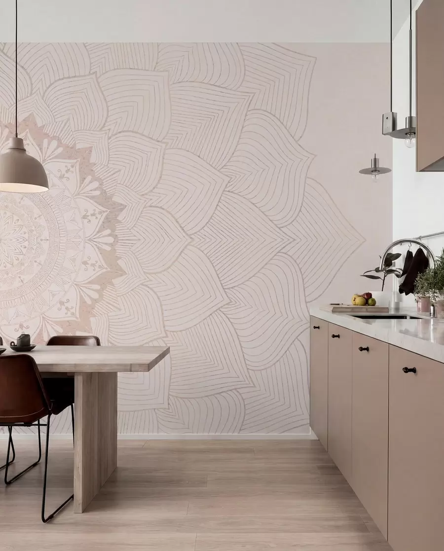 zidne murale Okrugla mandala, tapeta za prostor za jogu ili za usklađivanje osobnog prostora. Zidna mandala u toplim pastelnim bojama na teksturiranoj nepravilnoj pozadini w01088