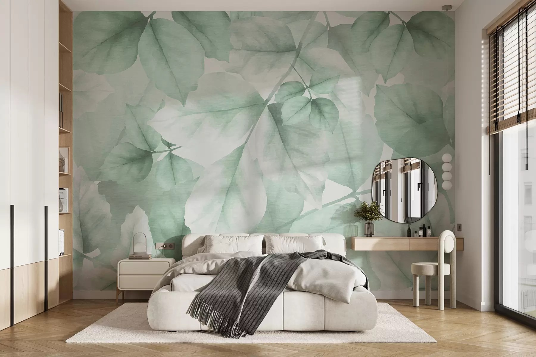 zidne murale Teksturirane tapete s velikim listovima u pastelnim nijansama zelene w01090v3