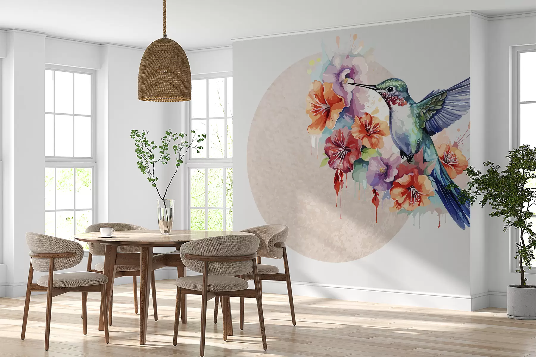 zidne murale Kolibri, cvijeće, krug, bež w01528