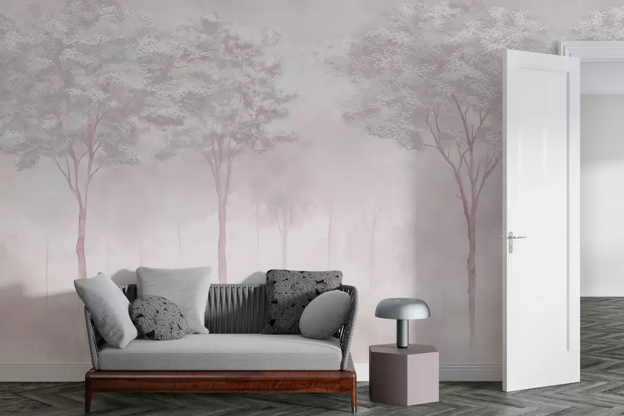 zidne murale Maglovita šumska silueta u nježno ružičastoj boji w01599v1