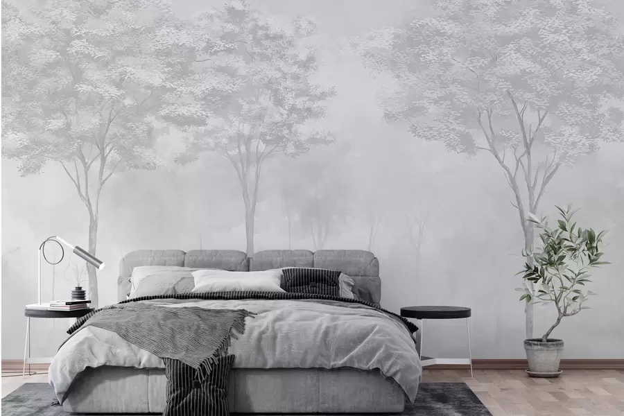zidne murale Maglovita šumska silueta u sivoj boji w01599v5