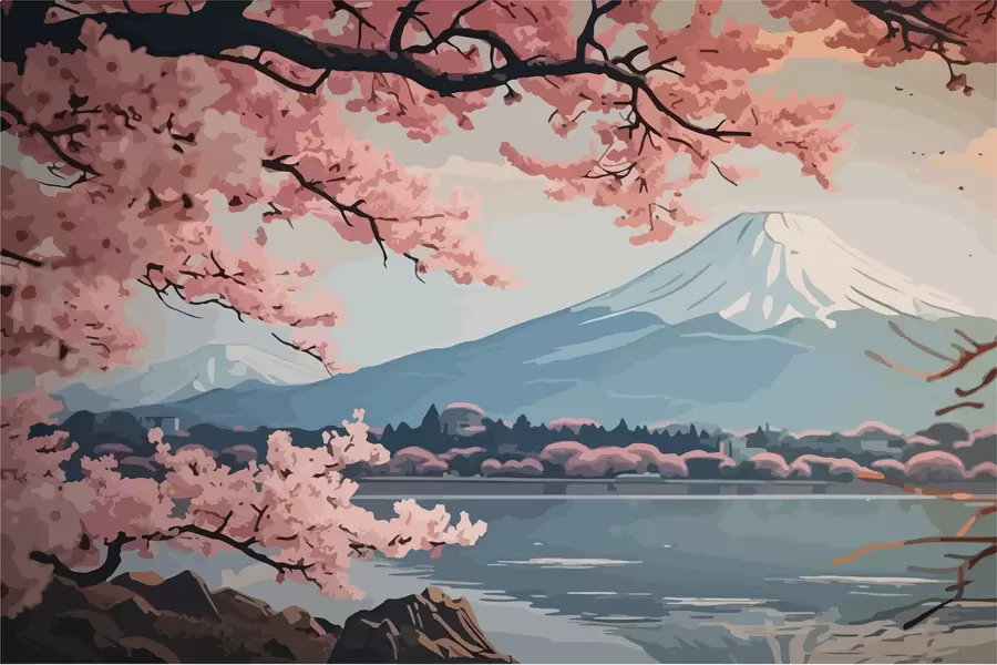 zidne murale Sakura, planine, akvarel w01664