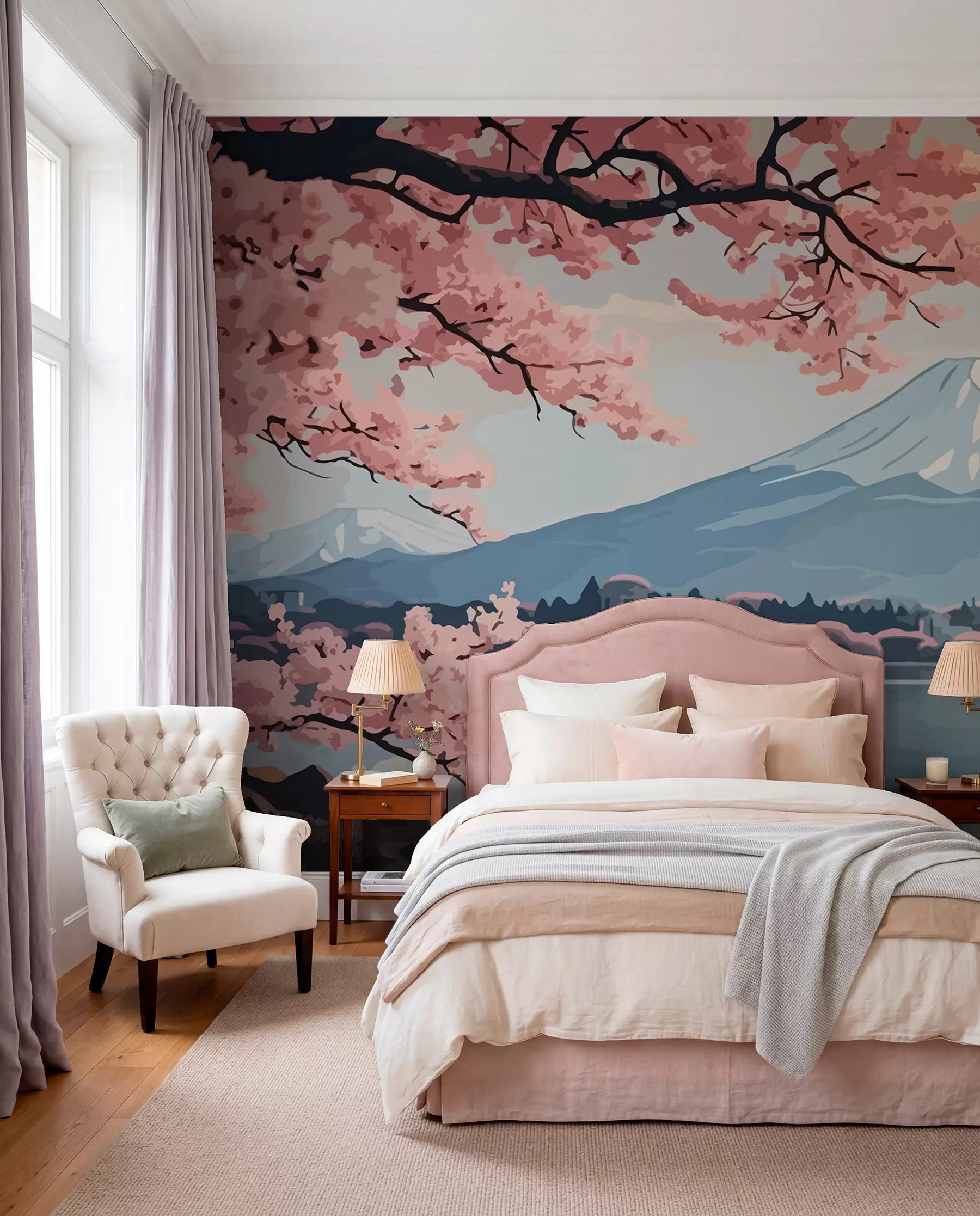 zidne murale Sakura, planine, akvarel w01664