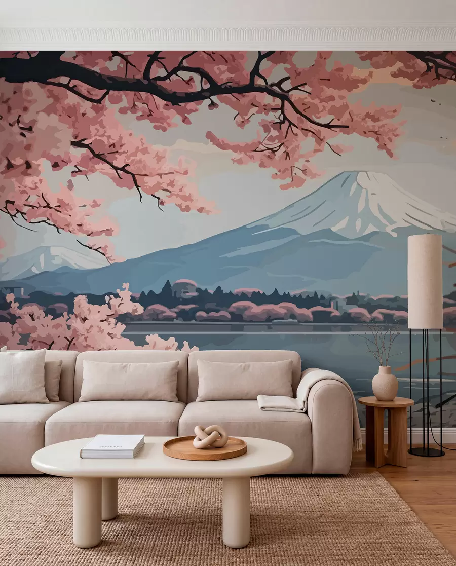 zidne murale Sakura, planine, akvarel w01664