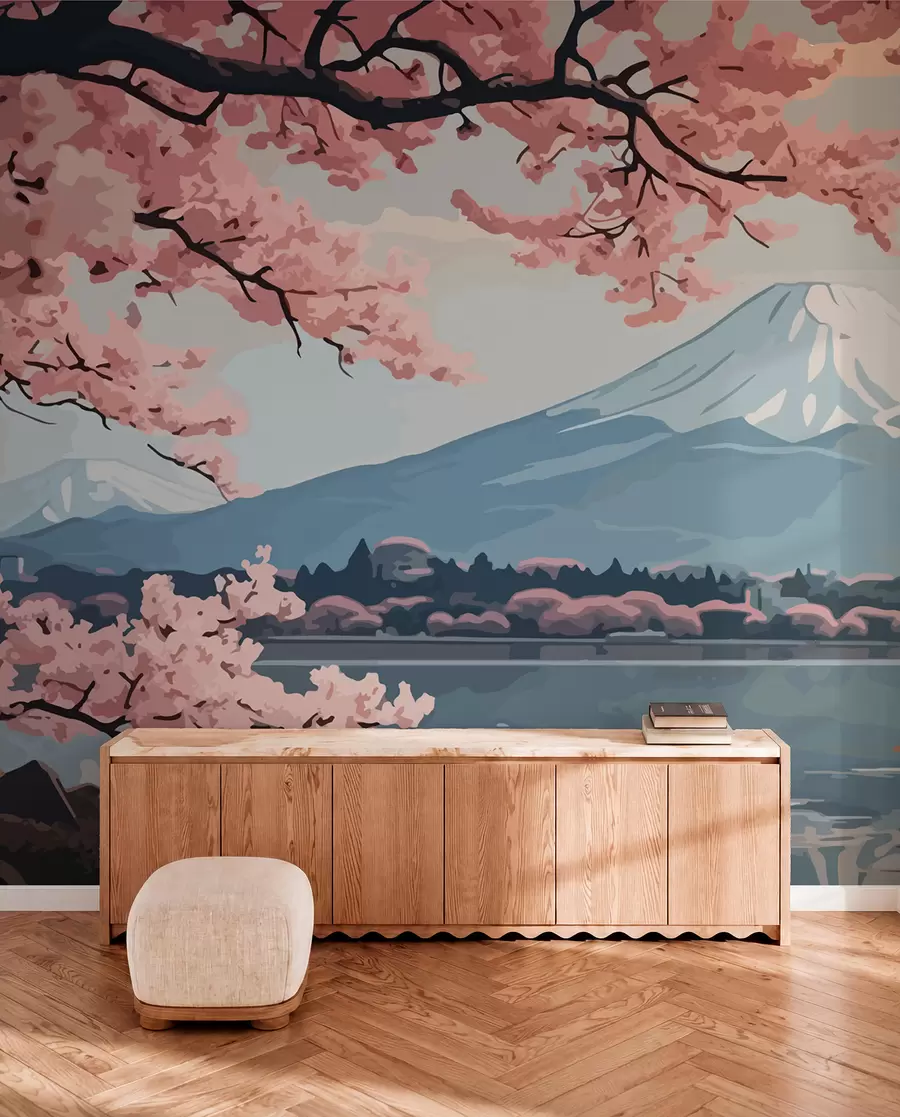 zidne murale Sakura, planine, akvarel w01664