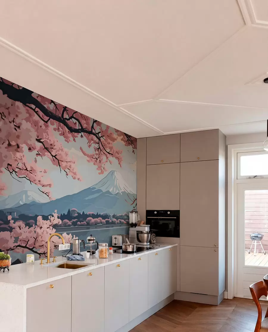 zidne murale Sakura, planine, akvarel w01664