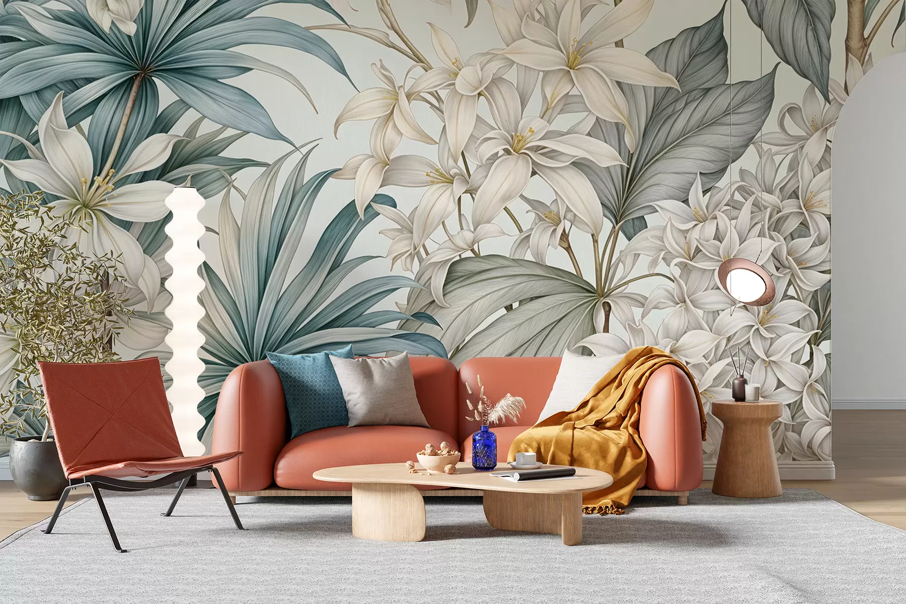 zidne murale Tropski cvjetni print s velikim bijelim i svijetloplavim cvjetovima, zelenim lišćem i neutralnom pozadinom w08318