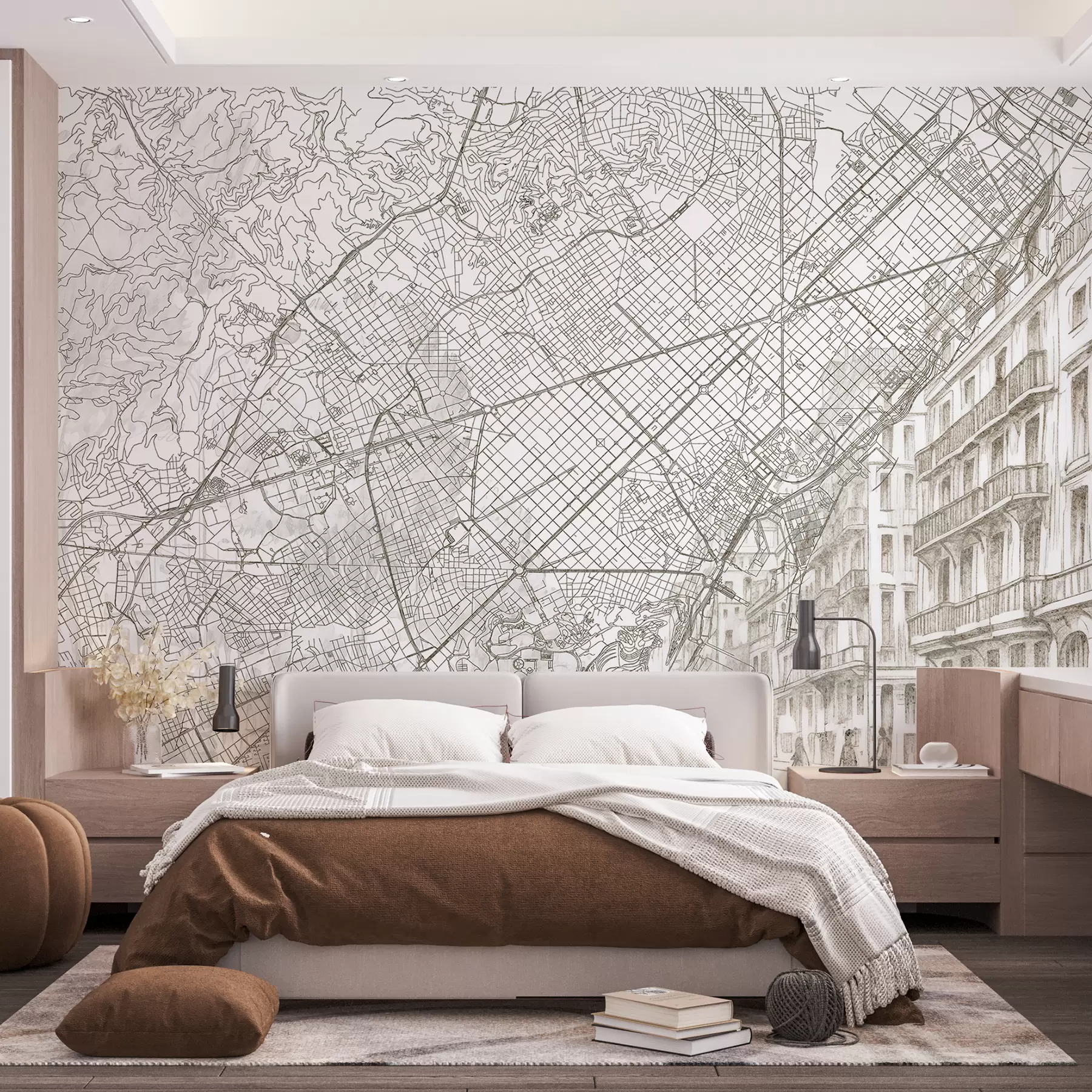 zidne murale Plan grada Barcelone, crtanje linija, arhitektura, Španjolska, bež boje w01695