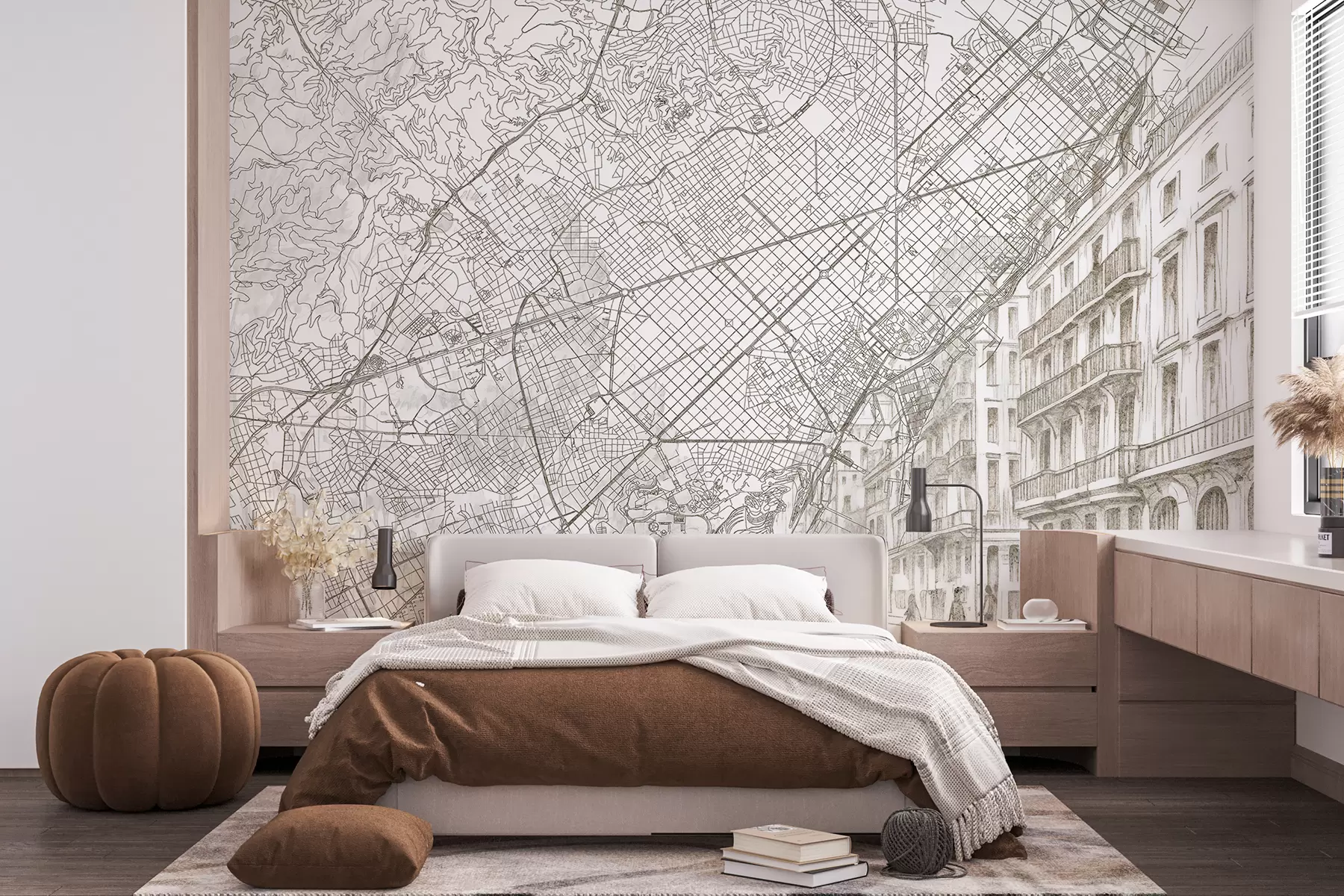 zidne murale Plan grada Barcelone, crtanje linija, arhitektura, Španjolska, bež boje w01695