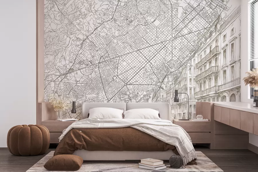 zidne murale Plan grada Barcelone, crtanje linija, arhitektura, Španjolska, bež boje w01695