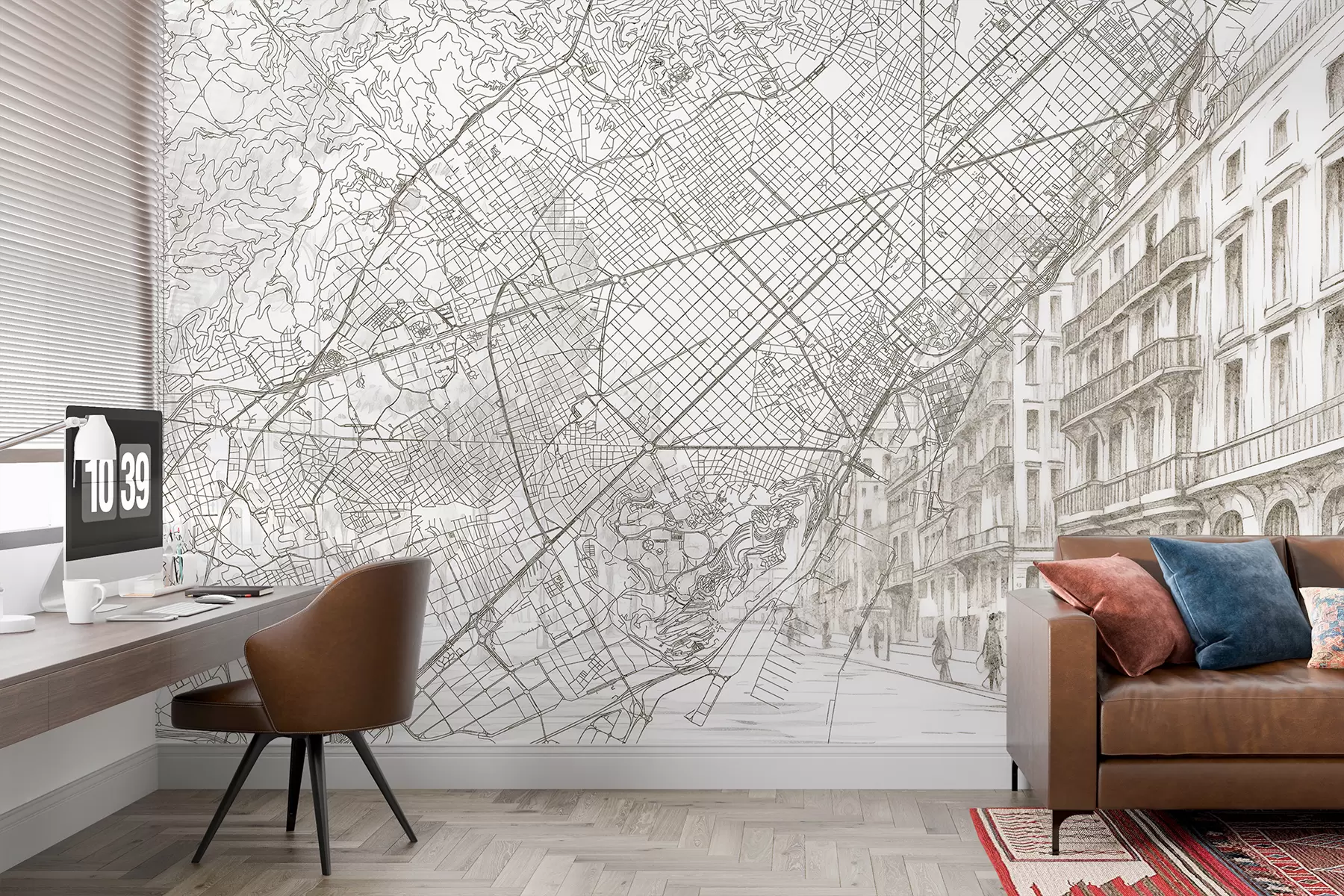 zidne murale Plan grada Barcelone, crtanje linija, arhitektura, Španjolska, bež boje w01695