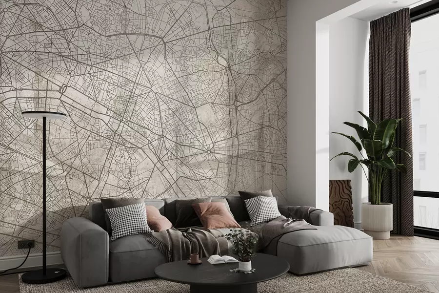 zidne murale Plan grada Pariza, crtanje linija, arhitektura, Francuska, bež boje w01697