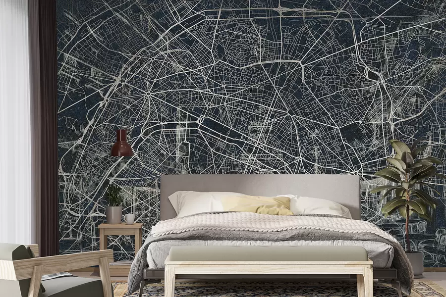 zidne murale Plan grada Pariza, crtanje linija, arhitektura, Francuska, tamne boje w01697v1