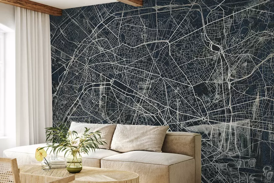 zidne murale Plan grada Pariza, crtanje linija, arhitektura, Francuska, tamne boje w01697v1