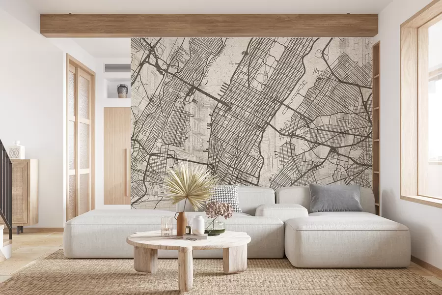 zidne murale Mapa grada New Yorka, crtanje linija, arhitektura, bež boje w01699