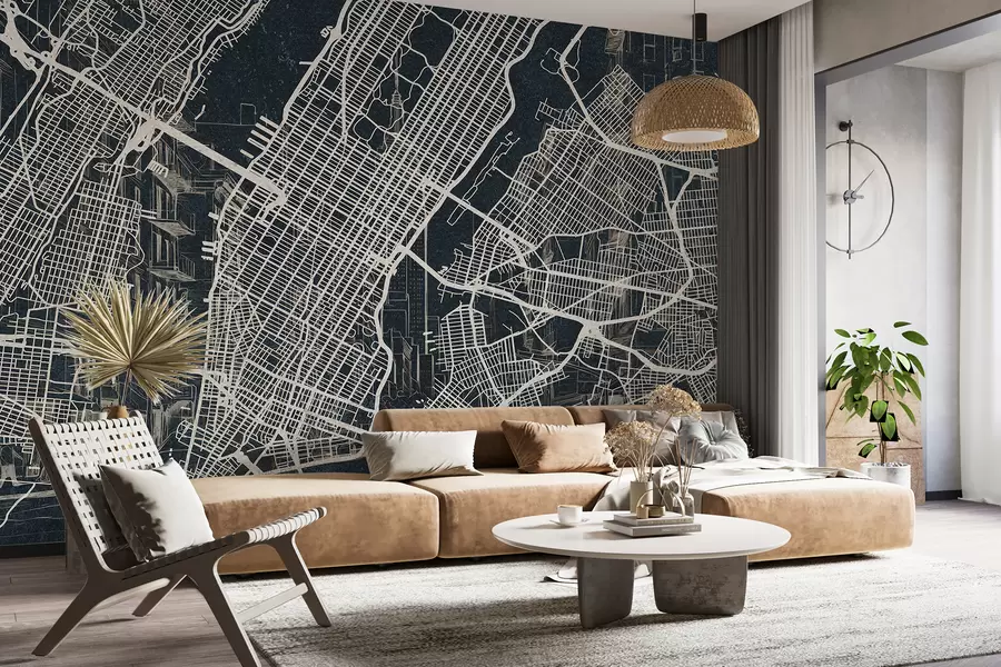 zidne murale Mapa grada New Yorka, crtanje linija, arhitektura, tamne boje w01699v1