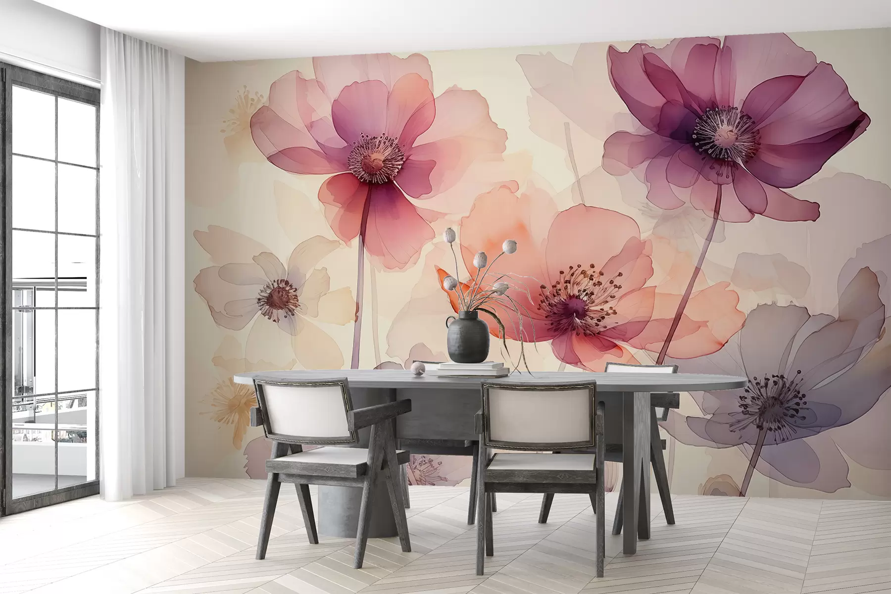 zidne murale Prozirno cvijeće mokri akvarel w01774