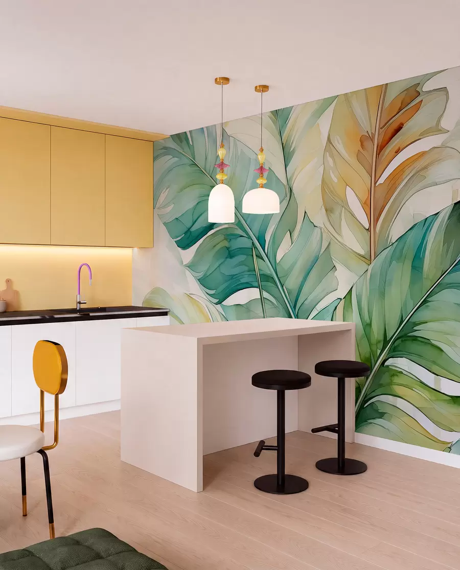zidne murale Mokri akvarel lišća palme tropske banane w01775
