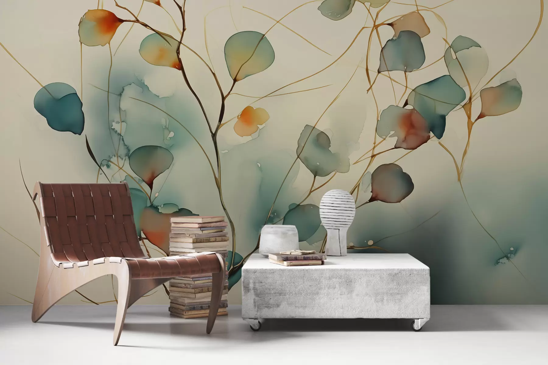 zidne murale Apstraktne grane s lišćem zamućene mokrim akvarelom w01779