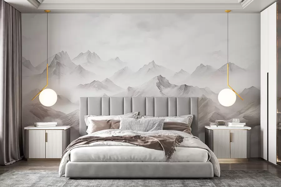 zidne murale Planine s oblacima, akvarel, nježno sive boje w01790v1